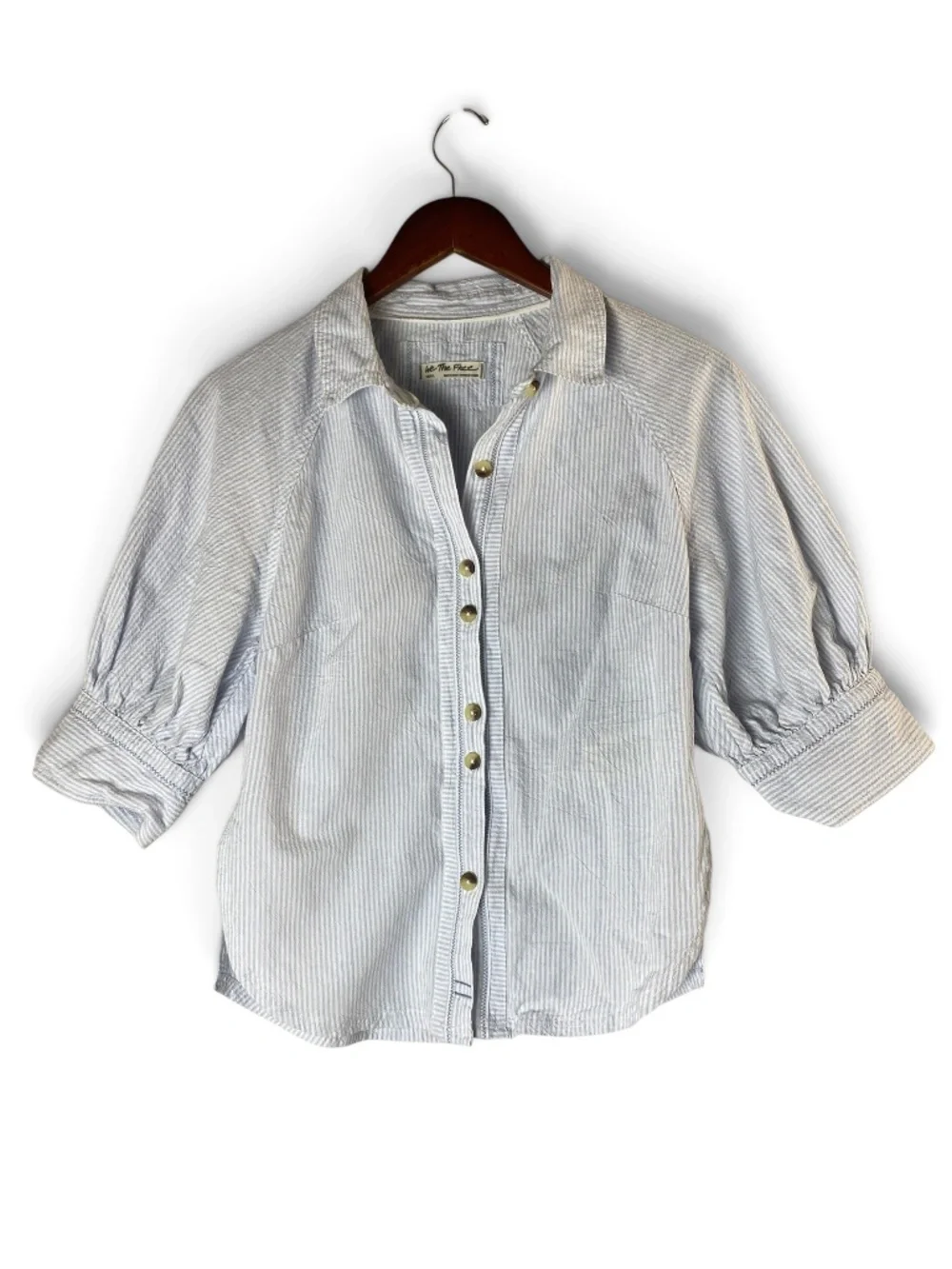 Free People We The Free Ellie Striped Button Front Puff Sleeve Cotton Shirt Smal